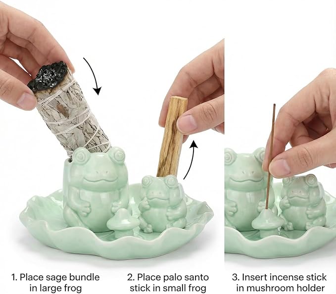 ChangWanna Multifunction 4 in 1 Frog Incense Holder, Palo Santo Holder, Sage Holder, Ceramic Incense Stick Holder for Burning - Cute Ash Catcher Tray for Yoga/Meditation/Home Room Office Decor, Green