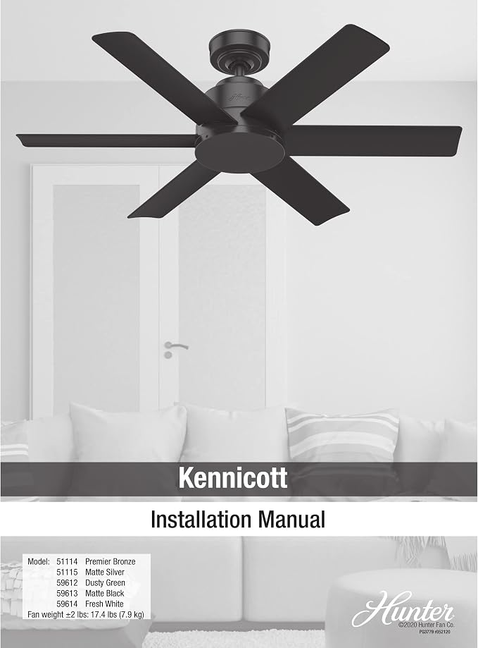 Hunter 44 inch Outdoor or Indoor Ceiling Fan No Light - White Ceiling Fan without Light, For Patio, Porch, Garage, or Living Room, Standard Mount, 6 Blades, Wall Control - Kennicott 59614, Fresh White