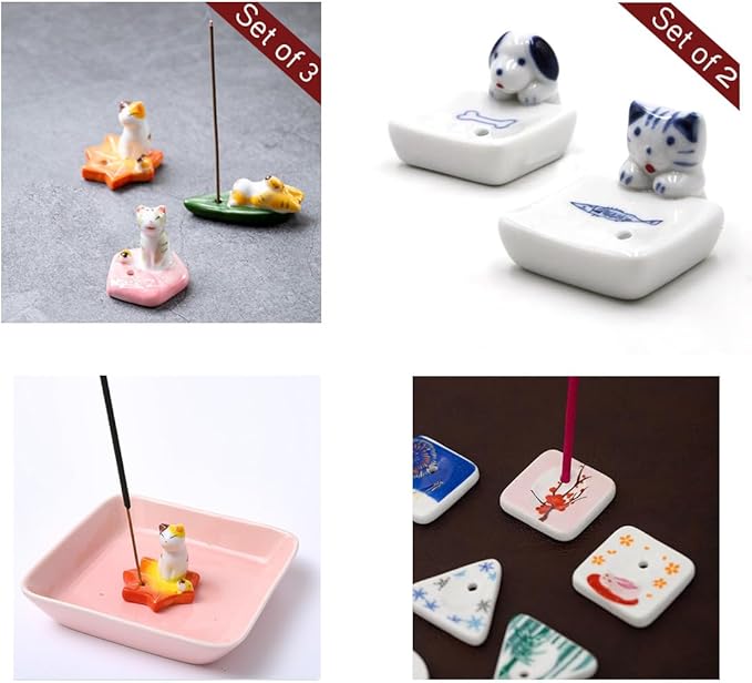 Set of 2, Japanese Mini Cute Kitty Cat with Dog Handmade White Ceramic Incense Stick Holder or Incense Burner Holder, Inscent Tray for Home Decor Yoga Spa Meditation, 1.42 inches