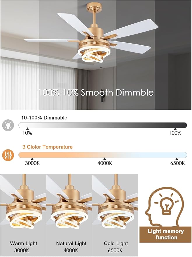 Bella Depot 52 Inch Gold White Ceiling Fan Modern Chandelier Ceiling Fan with Dimmable Light, 6-Speed, Reversible, Timing Option - Ideal for Bedroom Living Room