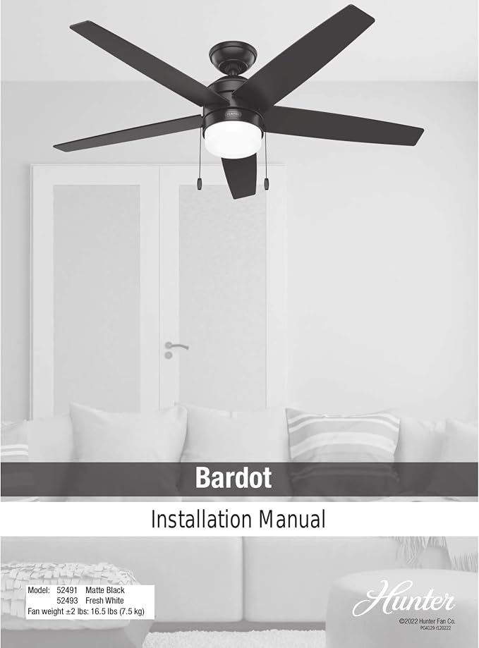 Hunter Bardot, Indoor, Ceiling Fan, Modern, 5 Blades, 52 inch, Matte Black | with LED Light and Pull Chain, Standard Mount, For Bedroom, Living Room, Kitchen, 52491