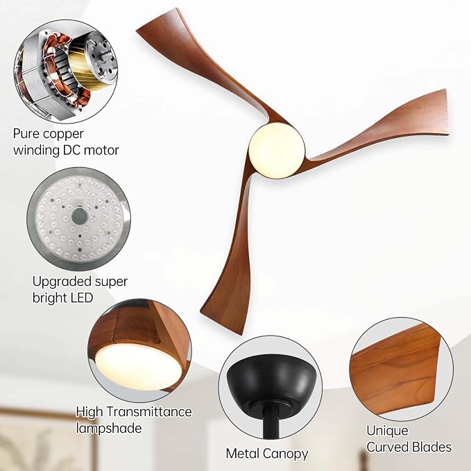 Sofucor 52 Inch Ceiling Fans with Lights, Solid Wood Indoor/Outdoor Ceiling Fan with Remote, Reversible DC Motor, 3 Blade Modern Ceiling Fan Light, Low Profile Ceiling Fans for Bedroom Patio Kitchen