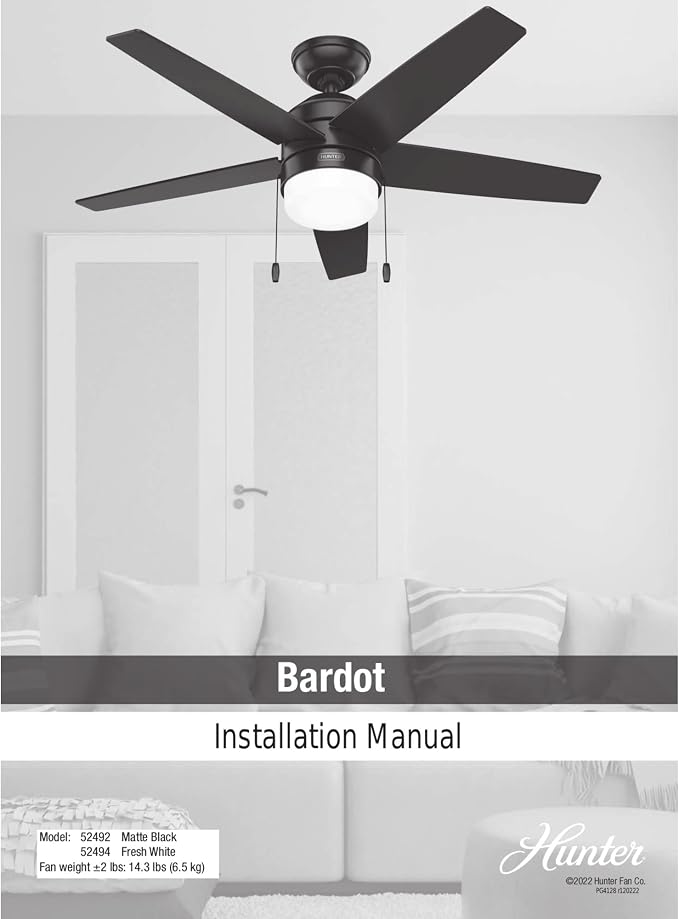 Hunter Bardot, Indoor, Ceiling Fan, Modern, 5 Blades, 44 inch, Matte Black