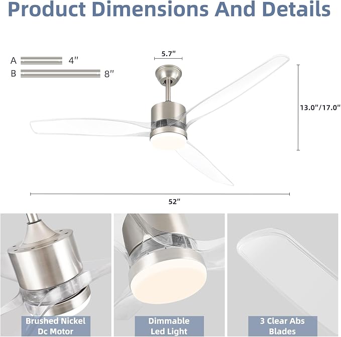 OKELI 52" Smart Ceiling Fan with Light, WiFi Enabled for Alexa & App Control, Reversible Brushed Nickel Modern Ceiling Fan with Dimmable LED Light and Remote, Clear Blades for Living Room Bedroom