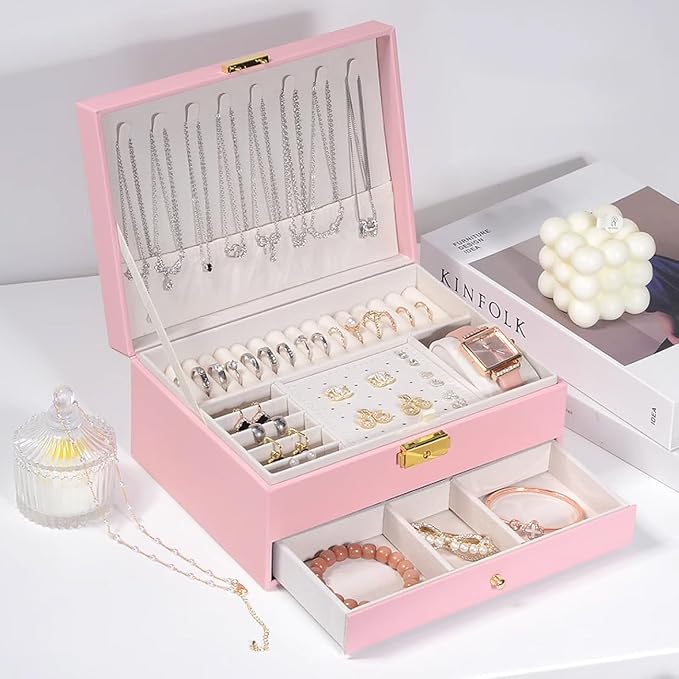 GUOER Jewelry Organizer Box for Women - Large PU Leather Jewelry Organizer Storage Case with Two Layers Display for Earrings Bracelets Rings Watches (Pink) | Vintage Quilting Stitching PU Leather, Earrings Bracelets Rings Necklace Watches Storage Large...