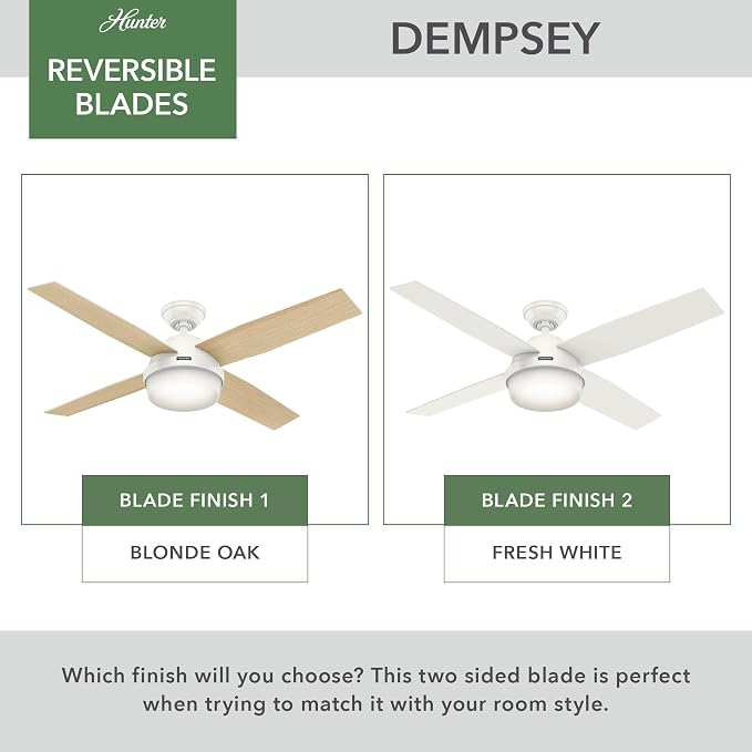 Hunter Dempsey, Indoor, Ceiling Fan, Modern, Quiet, 52 inch, Fresh White