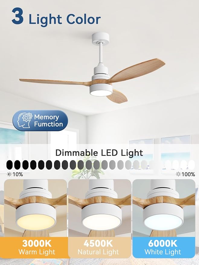 Sofucor 52 Inch Smart Ceiling Fans with Lights and Remote, 3 Blade Solid Wood Ceiling Fan Works with App/Alexa/Google, for Bedroom Living Room Patio Porch