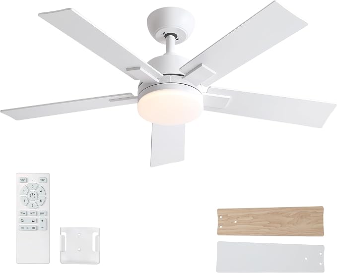 Rayqueen 42 Inch White Ceiling Fans with Lights and Remote,Includes Downrod | 6 Speed Reversible DC motor,3-color temperature dimmable LED.For indoor/covered outdoor.Modern style for bedroom room