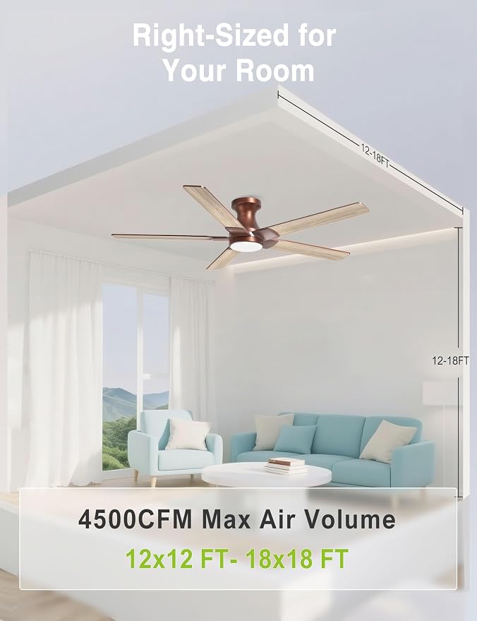 DAMINY 52 inch Brown Ceiling Fans with Lights,5 Blades,3CCT, Low Profile,Remote Control,for Bedroom, Kitchen,Living Room,Indoor/Outdoor Use,Flush Mount