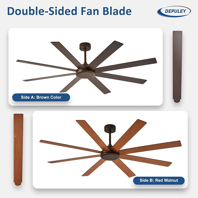 Depuley Large Ceiling Fan without Light: 66 Inch Indoor/Outdoor Fan Reversible DC Motor 6 Speed - Dual 8 Blades Big Ceiling Fans with No Light for Living Room Covered Patio, Brown