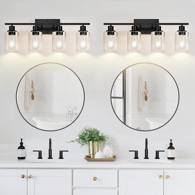 Indoi 4-Light Bathroom Light Fixtures, Matte Black Modern Vanity Lights with Clear Glass Shades, Bathroom Wall Lamp for Mirror Living Room Cabinet Bedroom Porch