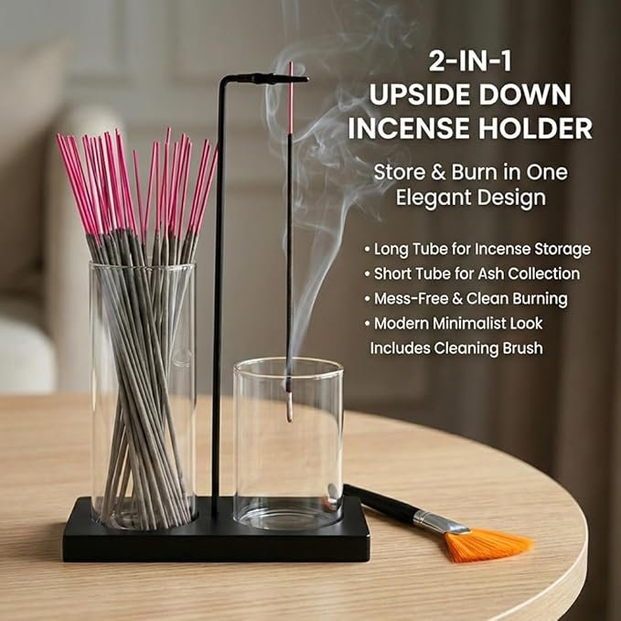 2 in 1 Incense Holder for Sticks, Glass Incense Burner Holder with Storage, Upside Down Incenses Holders with Glass Ash Catcher for Home Meditation Yoga Spa Room(Color:Black)