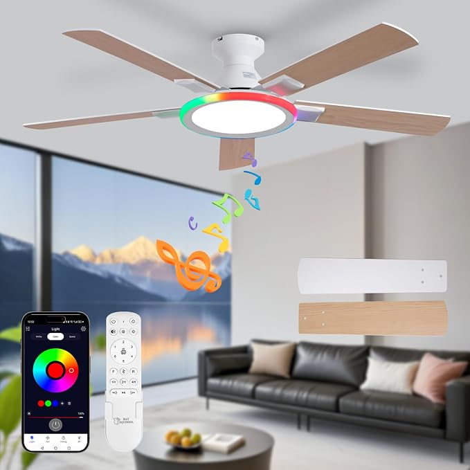 52" Ceiling Fans with Lights,Flush Mount Ceiling Fan with Light and Remote/App Control.Bluetooth Ceiling Fan with Speaker,6-Speed Reversible Motor,Full-Spectrum Adjustable Lighting,Edge Ambient Lights