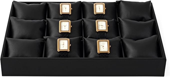 Oirlv Black Leather Watch Organizer Tray for Desktop Display | Smooth leather surface, 13.78×9.45×1.97in, large capacity, ideal for watch storage, desktop display & jewelry showcase