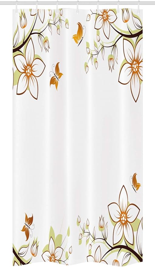 Ambesonne Floral Stall Shower Curtain, Flowers Leaves Branches Buds Butterflies Frame Like Image Print, Fabric Bathroom Decor Set with Hooks, 36" W x 72" L, Pale Green Pale Brown