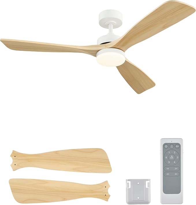 VONLUCE Wood Ceiling Fan with Lights, 52 Inch Ceiling Fan and Remote, 6 Speed Reversible Noiseless DC Motor, 3CCT, Solid Wood Outdoor Ceiling Fan for Patios Farmhouse, White