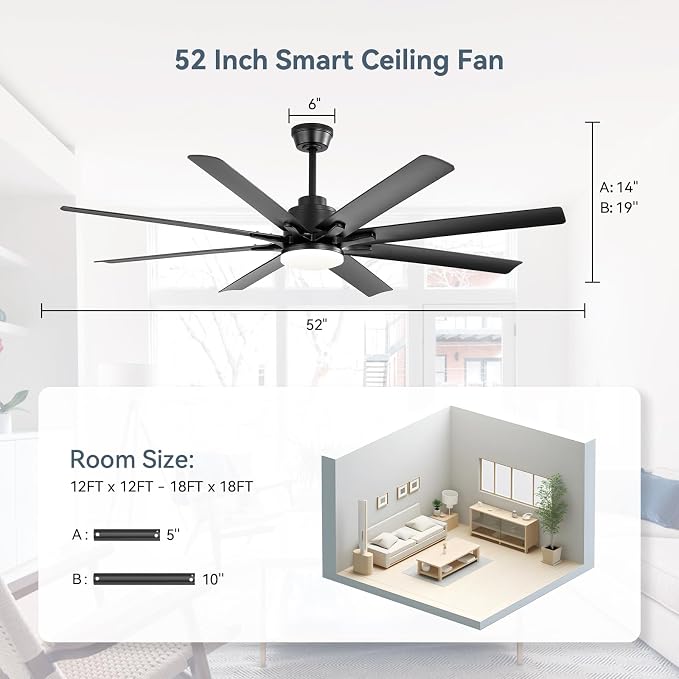 Sofucor 52 Inch Ceiling Fans with Lights, Smart Indoor/Outdoor Ceiling Fan With Remote, Work with Alexa/Google, Quiet Reversible DC Motor, 6-Speed, 8 Blade Black Ceiling Fans for Patio Bedroom Garage
