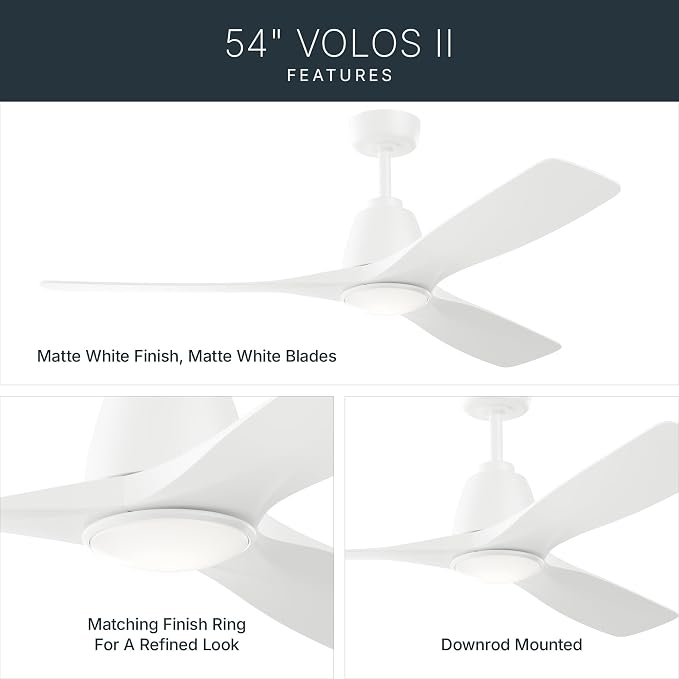 Kichler 54" Volos II 3 Blade Ceiling Fan in Matte White, With White Polycarbonate Lens, Matte White Blades, Easy-to-Install AC Motor, Downrod, 300054-MWH