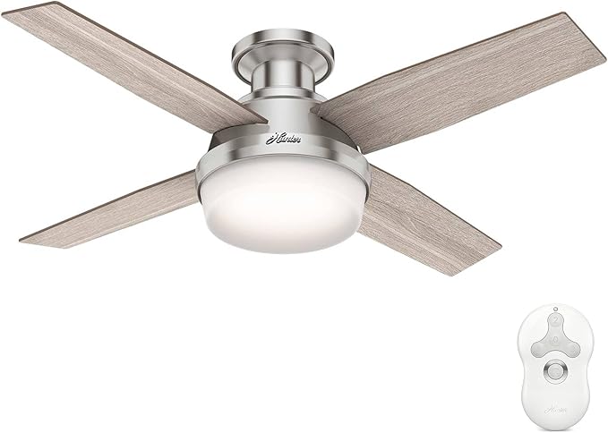 Hunter 44 inch Indoor Ceiling Fan with LED Light and Remote Control - Modern Ceiling Fan, Low Profile Mount, 4 Blades, For Bedroom, Living Room, or Kitchen, Quiet - Dempsey 50282, Brushed Nickel | with LED Light and Remote Control, Low Profile Mount, 4...