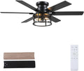 Hounberi 52" Caged Ceiling Fan with Lights and Remote, 6-Speed Quiet DC Motor & E26 Base, 6 Reversible Blades for Black & Wood, Modern Rustic Low Profile Ceiling Fans for Bedroom & Living Room