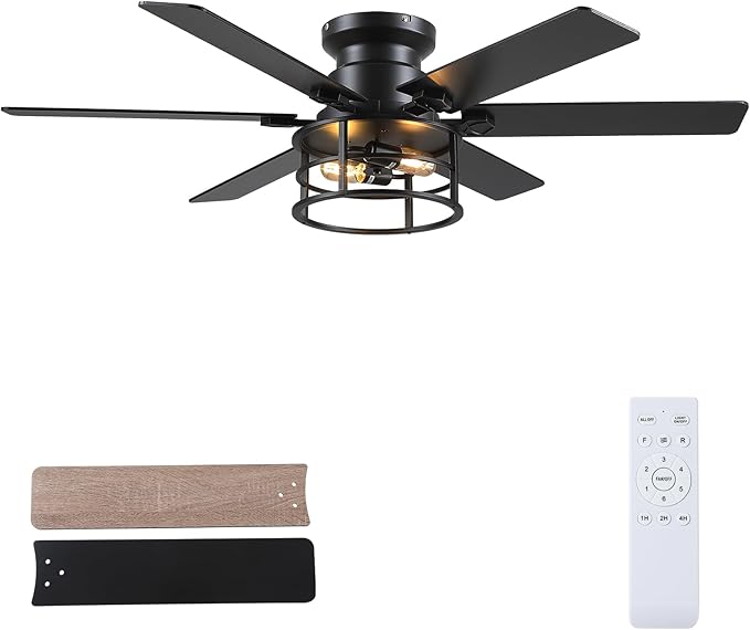Hounberi 52" Caged Ceiling Fan with Lights and Remote, 6-Speed Quiet DC Motor & E26 Base, 6 Reversible Blades for Black & Wood, Modern Rustic Low Profile Ceiling Fans for Bedroom & Living Room