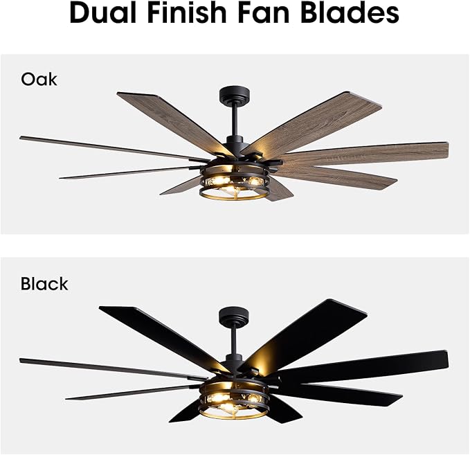 LuminFan 72 inch Large Ceiling Fans with Lights and Remote, Black Modern Ceiling Fan for Living Room, Patios, 6 Speed Reversible Quiet DC Motor, 8 Blades, Easy to Install