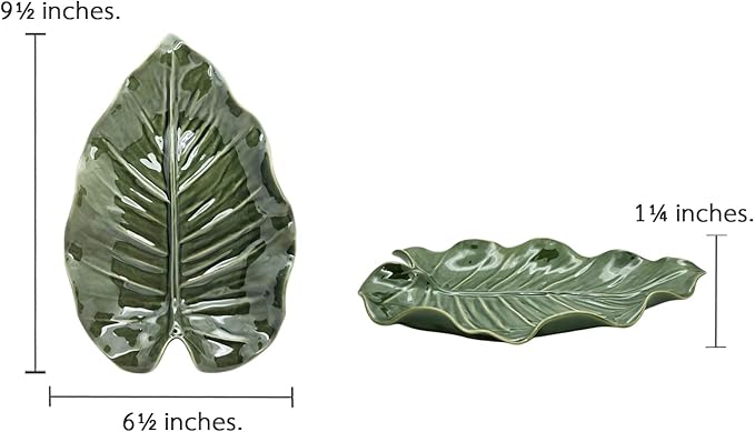 9½" Green Philodendron Leaf Shaped Tray - Handmade Ceramic Porcelain Decorative Plate Dish Catchall Miniature Container for Jewelry Personal Items Incense Holders Trays Décor Gifts