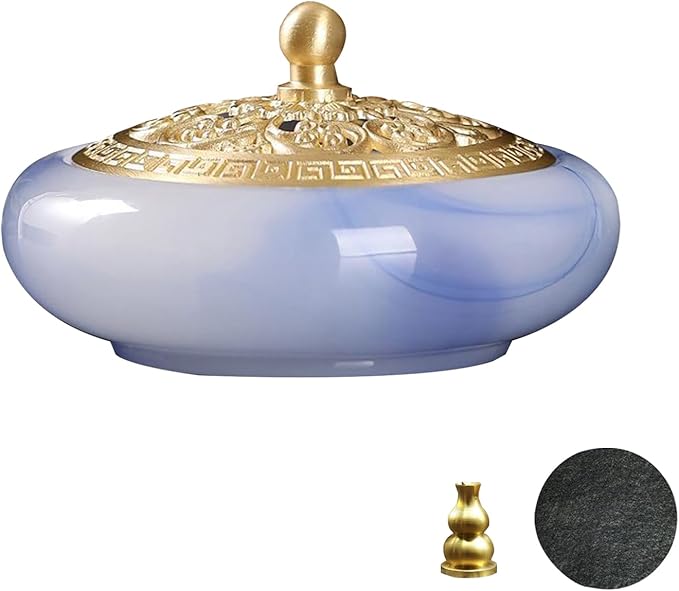Incense Holder with Brass lid,Cone Incense Burner Suitable for Incense Sticks Coil,Artificial Glazed Jade Censer for Yoga Meditation, Home Decor