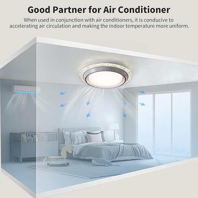 AHAWILL 19.29'' Bladeless Ceiling Fan with Light,Modern Crystal Ceiling Fan with Remote Control,Enclosed Flush Mount Fandelier,6 Wind Speed,Dimmable LED,White,for Bedroom Kitchen Dining Room