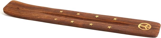 Wooden Incense Holder for Sticks with Inlays of Brass Peace 10 inches Long