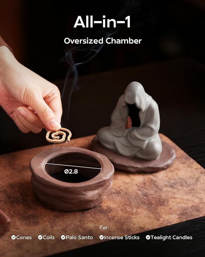 Ceramic Incense Burner for Cone & Coil – Faceless Buddha Statue for Protection & Zen Meditation, Home Decor to Ward Off Negativity, Grey