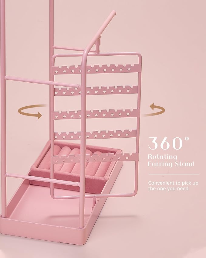 ProCase Jewelry Stand Holder Organizer and Storage, Pink (No-Assembly) | Rotating Earring Bracelet Holder Storage, Hanging Jewelry Display Velvet Ring Tray, Teen Girls Birthday Gifts Room Dorm Decor