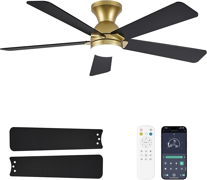 Ceiling Fans with Lights and Remote, 48 Inch Ceiling Fan with Light, Low Profile, Reversible, Dimmable LED, Flush Mount, Quiet, DC Motor, Gold Ceiling Fan for Bedroom, Kitchen, Dining Room