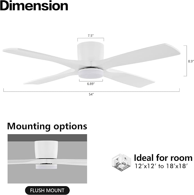 WINGBO 54 Inch Flush Mount DC Ceiling Fan with Lights and Remote, 4 Reversible Carved Wood Blades, 6-Speed Noiseless DC Motor, Hugger Ceiling Fan in Gloss White with White Blades
