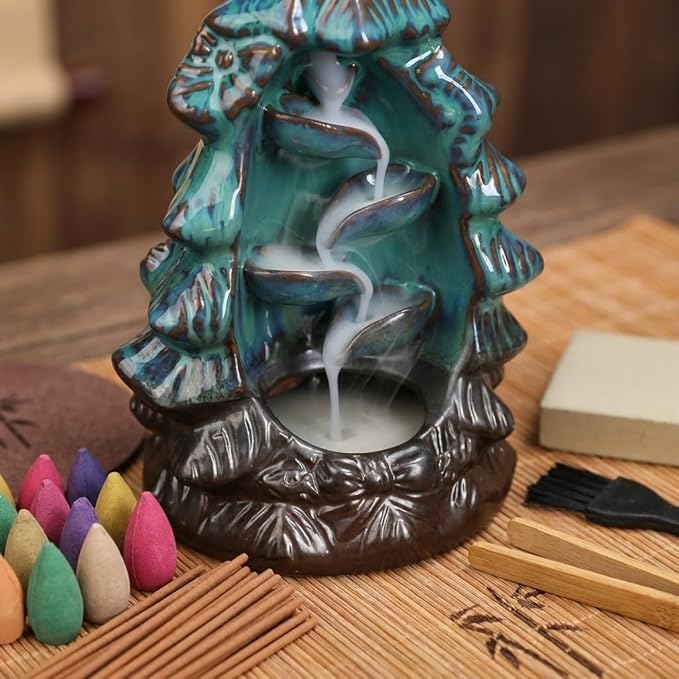 CASAFOYER Backflow Incense Holder Ceramic Waterfall Burner Set (120 Backflow Incense Cones, 30 Incense Sticks) | Complete Aromatherapy Set | Home Decor | Housewarming Gifts (Christmas Tree)