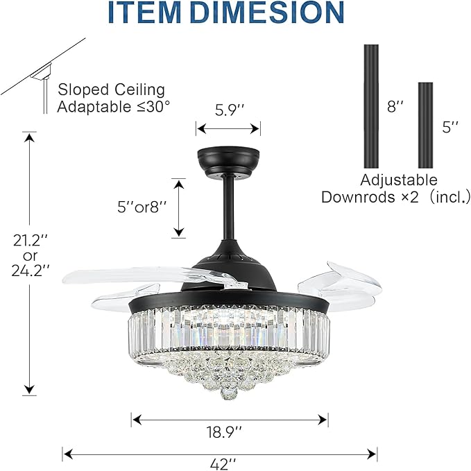42'' Fandelier Ceiling Fans with Light, Chandelier Ceiling Fan, Retractable Ceiling Fan for Bedroom, Living Room, 3 Color Change, LED Dimmable, 6 Speeds, Reversible DC Motor- Black