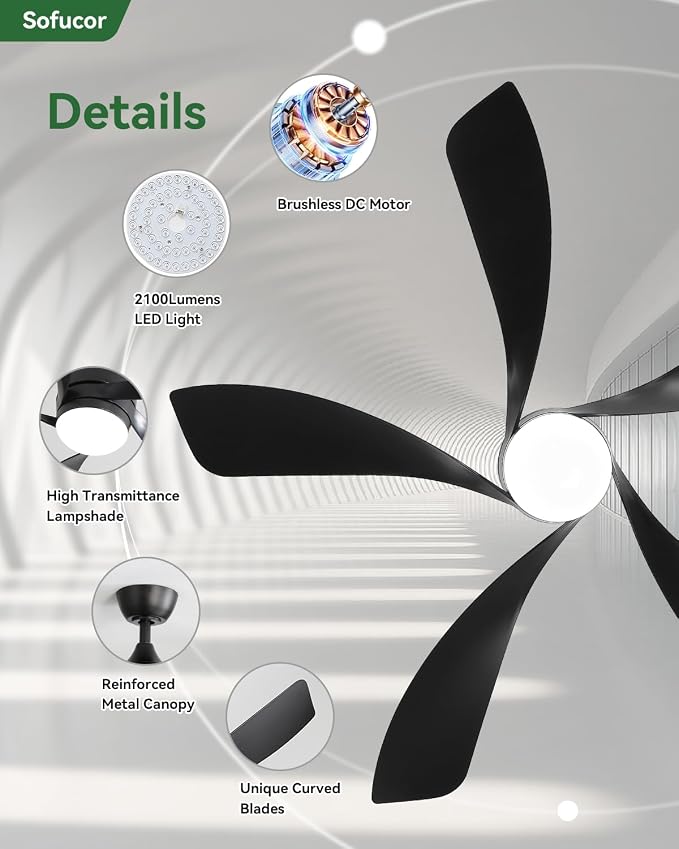 Sofucor 52 Inch Ceiling Fans with Lights and Remote, Outdoor Ceiling Fan with Light 6-Speed 3 CCT 3-Timer, Black Low Profile Ceiling Fan 5 Blade Reversible DC Motor for Living Room Bedroom Patio