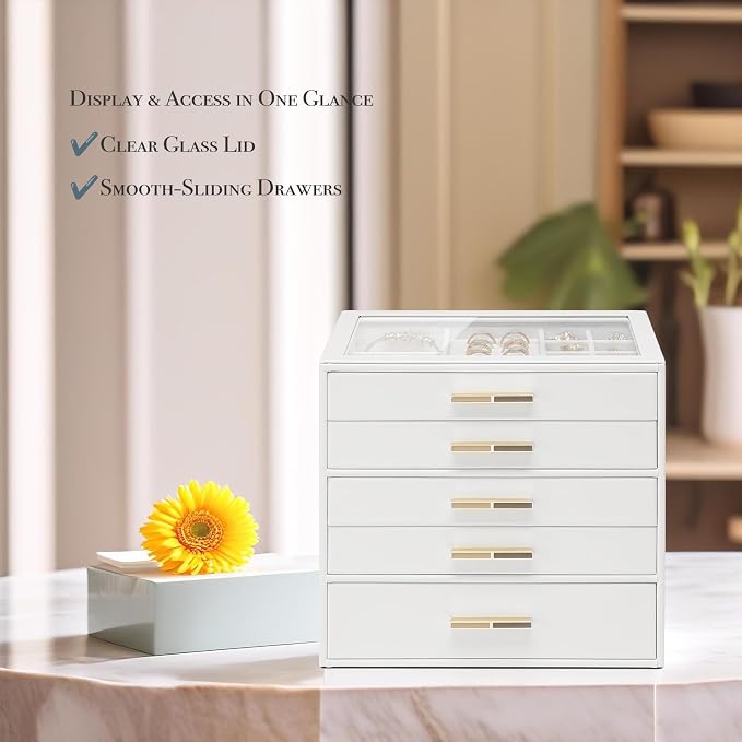 VLANDO 5-Drawer Jewelry Box with Glass Lid, Faux Leather Organizer for Rings Earrings Necklaces and More, Gift-Ready Jewelry Case for Women Girls or Moms, White