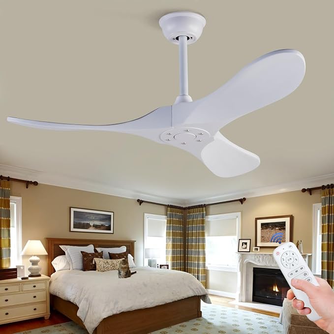 Ceiling Fans without Lights, 42 Inch Ceiling Fans no Lights with Remote Control, 3 Solid Wood Blades Indoor Outdoor Ceiling Fan for Bedroom Patios Kitchen (White Blades)