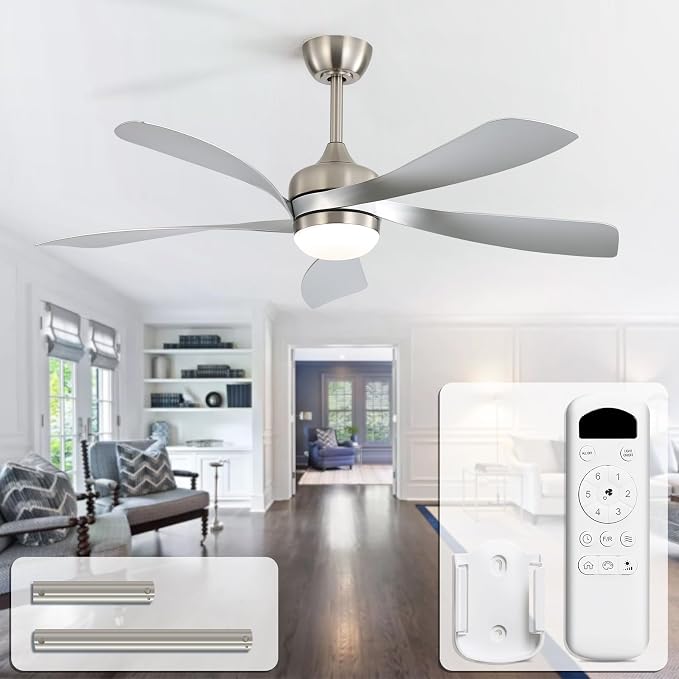 CACI Mall 52 Inch Ceiling Fans with Lights and Remote, modern, Outdoor ceiling fan with 6-Speed, 5 Blades, 2 Downrods, 3 CCT, Timer, Quiet Reversible DC Motor for Living Room, Bedroom, Patios