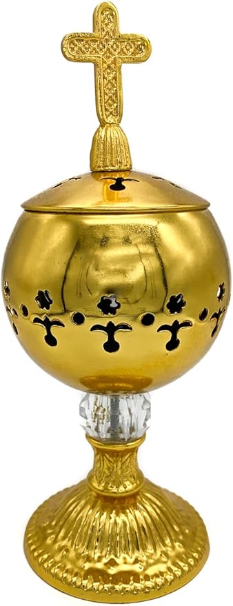 Nazareth Store Gold Incense Burner Charcoal Polished Brass Censer Christian Church Incense Holder Incense Cones Cross 7.9" Aromatherapy Fragrance Ornament