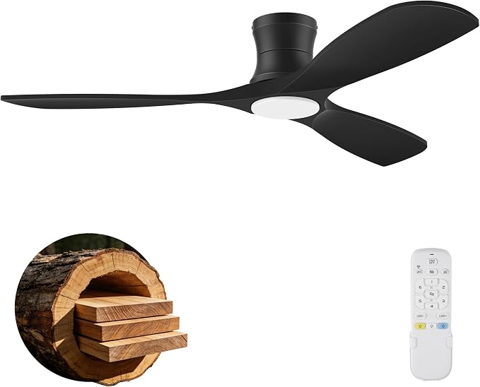 52 Inch Wood Ceiling Fans with Lights Remote,Low Profile Flush Mount Ceiling Fan with Light,Outdoor Indoor Modern Ceiling fan for Bedroom Living room Patio,Matte Black,3 Blades,Dimmable,Ultra-Quiet