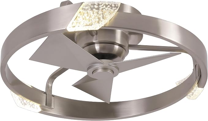 20" Low Profile Nickel Caged Ceiling Fan with Light and Remote - Modern Flush Mount Ceiling Fan, DC Motor, 3CCT, Timer, Unique Silver Fandelier Ceiling Fans for Bedroom Kitchen Living Room