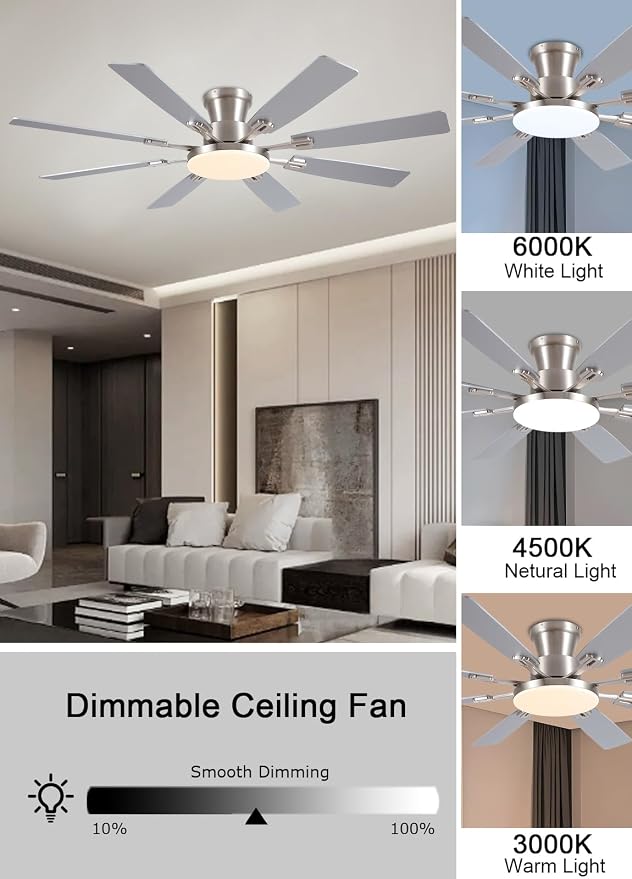 JSAITEE 60Inch Ceiling Fan with Lights Large Low Profile Flush Mount Nickel | Ceiling Fans,DC Reversible Motor Noiseless, 3CCT Dimmable, Dual Finish, 6 Speeds Ceiling Fan for Indoor/Outdoor,Nickel