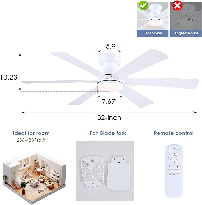 52"6-Blades White Low Profile Flush Mount Ceiling Fan with Light and Remote | Super Large Airflow with 6 Wind Speeds, Reversible, Dimmable 3CCT LED, 30W Quiet DC Motor,Suits for Bedroom Kitchen