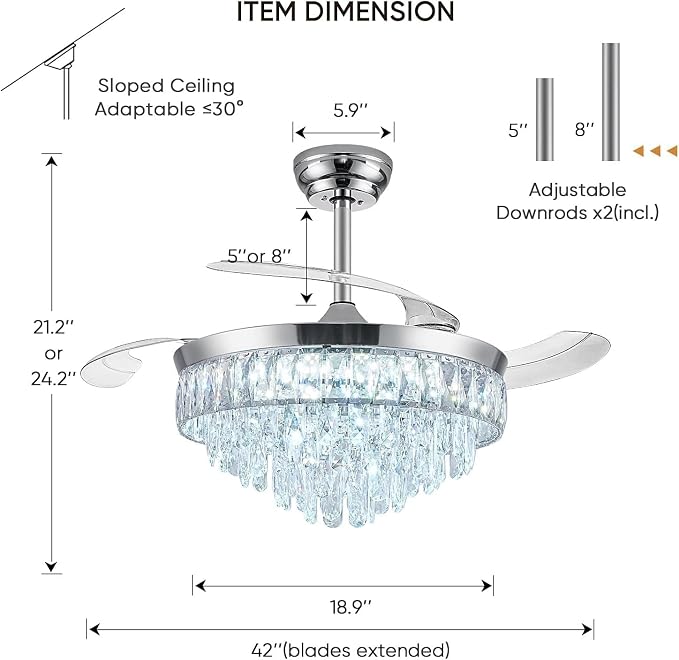 42'' Chandelier Ceiling Fan with Lights, Retractable Fan with Remote and APP, Crystal Fandelier Ceiling Fan, Dimmable LED, Reversible Motor, Quiet for Bedroom Living Room-Chrome