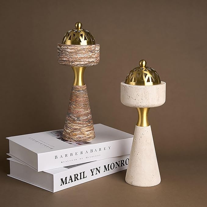 Sissi & yaya Marble Incense Burner with Brass Cover, 11 x 3.8 inches, Multi-Purpose Holder for Cones, Coils and Sticks (White)
