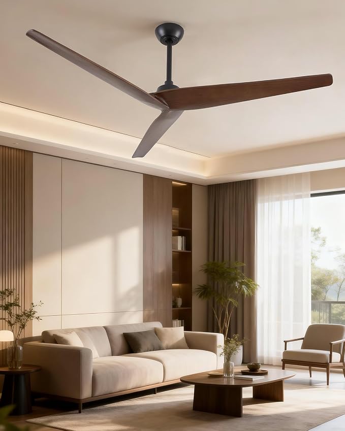 Skylike 60in Modern Wood Ceiling Fan No Light with Remote for Bedroom-Dark | Real Wood Blades, Quiet DC Motor,Reversible,Beep-Off Function,6 Speeds,3 Timers,12" downrod,Indoor and Outdoor