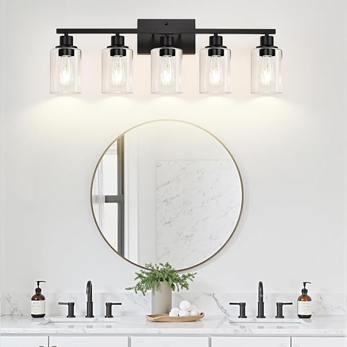 Indoi 5-Light Bathroom Light Fixtures, Matte Black Modern Vanity Lights with Clear Glass Shades, Bathroom Wall Lamp for Mirror Living Room Cabinet Bedroom Porch