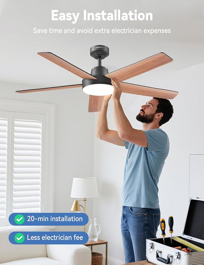 AKOFUN Ceiling Fans with Lights and Remote, Low Profile Ceiling Fan with Light, 6 Speed, Dimmable, DC Motor, Quiet, Timer, Modern LED Ceiling Fan for Bedroom Living Room 52 inch, Black
